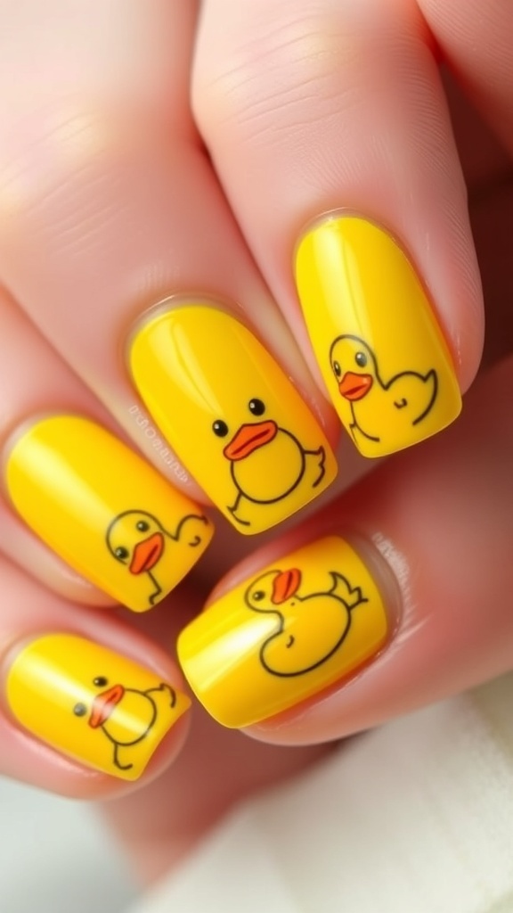 Duck-themed nail art with bright yellow polish and cute duck designs.